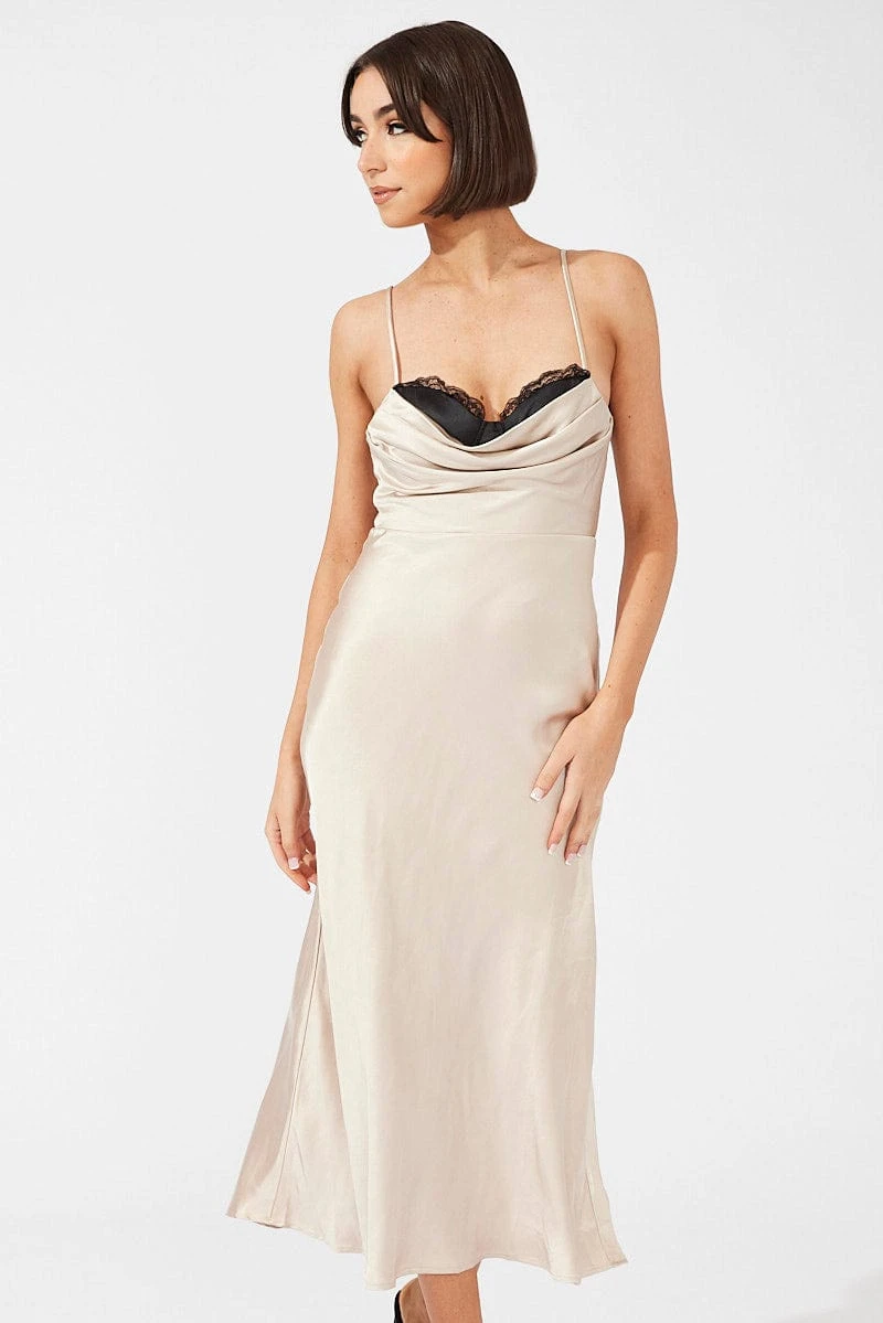 Beige Midi Dress Sleeveless Cowl Neck Satin Slip Lace 4 Beige Midi Dress Sleeveless Cowl Neck Satin Slip Lace - Image 2