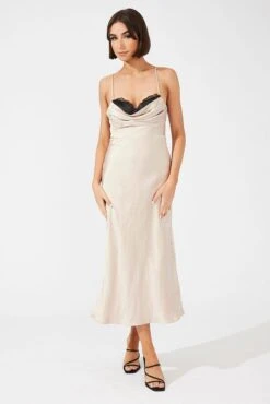 Beige Midi Dress Sleeveless Cowl Neck Satin Slip Lace 10 Beige Midi Dress Sleeveless Cowl Neck Satin Slip Lace -Midi Dresses Style ed5044 36cb beige 3