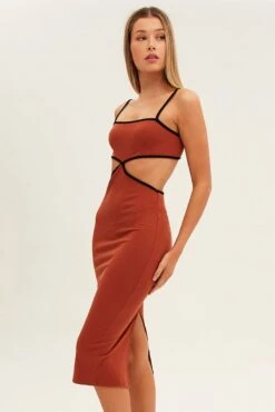 Brown Midi Dress Adjustable Straps Cut Out Jersey Rib