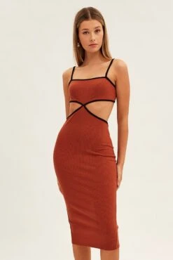 Brown Midi Dress Adjustable Straps Cut Out Jersey Rib -Midi Dresses Style ed9244a 33mb mocha 3