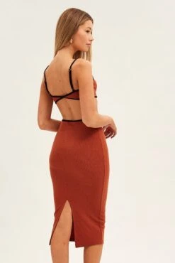 Brown Midi Dress Adjustable Straps Cut Out Jersey Rib -Midi Dresses Style ed9244a 33mb mocha 5
