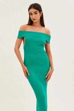 Green Off Shoulder Dress Knit Bodycon Knit -Midi Dresses Style ed9308 40mb green 2