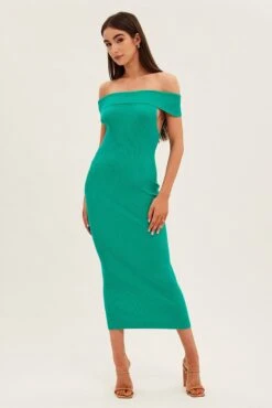 Green Off Shoulder Dress Knit Bodycon Knit -Midi Dresses Style ed9308 40mb green 3