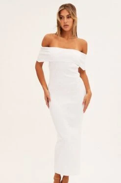 White Off Shoulder Dress Knit Bodycon Knit -Midi Dresses Style ed9308 40mb white 3