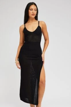 Black Knit Dress Sleeveless V Neck Midi Mixed Crochet -Midi Dresses Style edc5008 40cb black 2