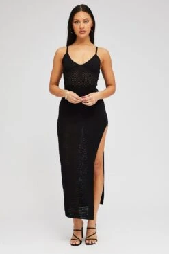 Black Knit Dress Sleeveless V Neck Midi Mixed Crochet -Midi Dresses Style edc5008 40cb black 3