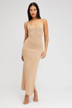 Beige Knit Dress Sleeveless V Neck Midi Mixed Crochet -Midi Dresses Style edc5008 40cb natural 3