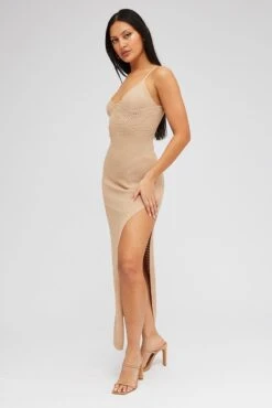 Beige Knit Dress Sleeveless V Neck Midi Mixed Crochet -Midi Dresses Style edc5008 40cb natural 4