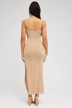 Beige Knit Dress Sleeveless V Neck Midi Mixed Crochet -Midi Dresses Style edc5008 40cb natural 5