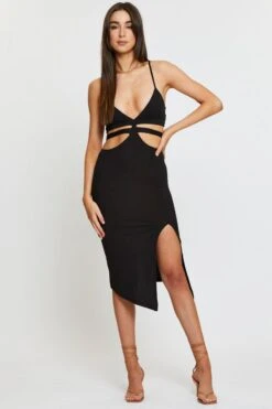 Black Midi Dress Ribbed Cut Out -Midi Dresses Style f bodycon dress black midi dress ribbed cut out 32965693800641