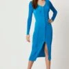 Blue Button Front Slinky Midi Dress -Midi Dresses Style f bodycon dress blue button front slinky midi dress 33006895300801