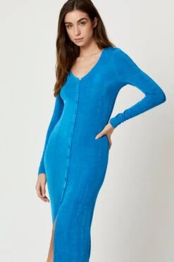 Blue Button Front Slinky Midi Dress -Midi Dresses Style f bodycon dress blue button front slinky midi dress 33006895333569