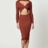 Beige High Neck Twist Detail Bodycon Knit Dress