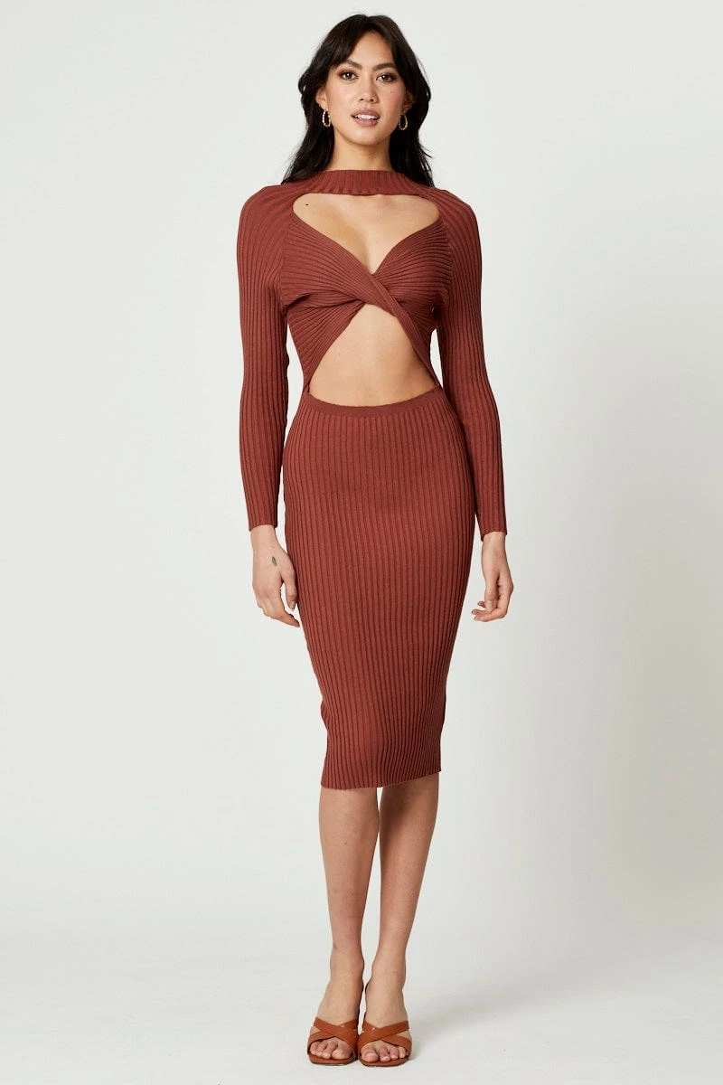 Beige High Neck Twist Detail Bodycon Knit Dress 3 Beige High Neck Twist Detail Bodycon Knit Dress