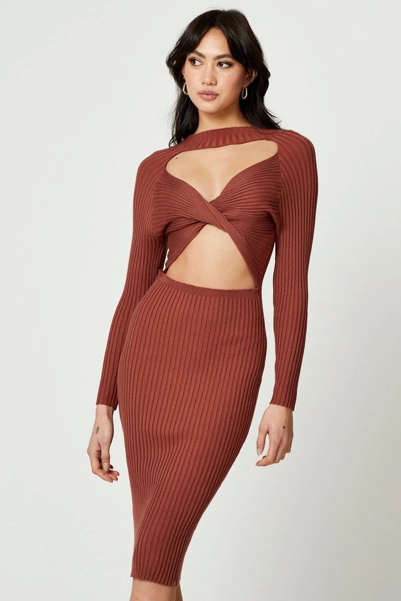 Beige High Neck Twist Detail Bodycon Knit Dress 4 Beige High Neck Twist Detail Bodycon Knit Dress - Image 2