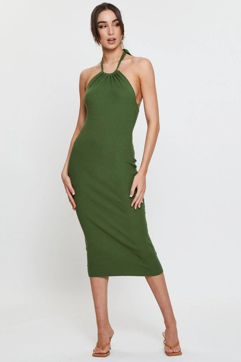 Green Knit Dress Midi Halter Neck 3 Green Knit Dress Midi Halter Neck