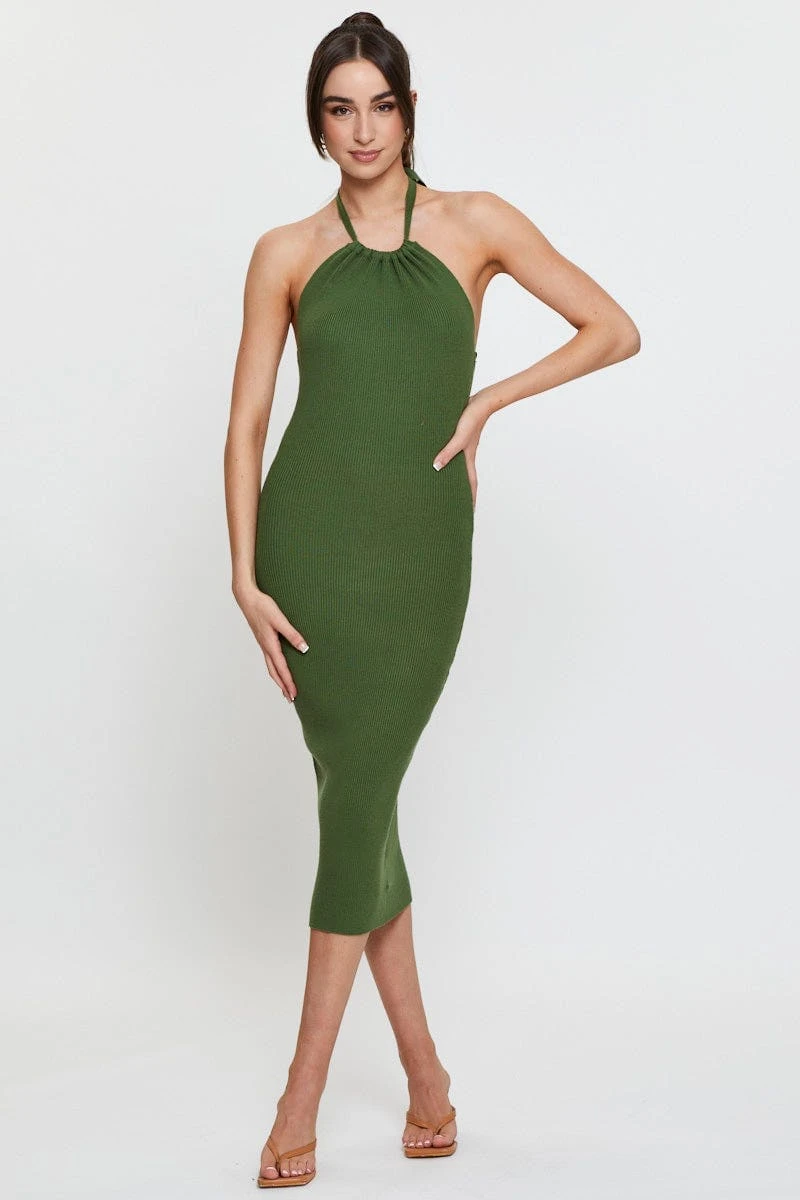 Green Knit Dress Midi Halter Neck 5 Green Knit Dress Midi Halter Neck - Image 3