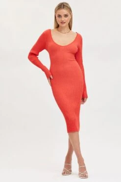 Orange Knit Dress Evening Midi