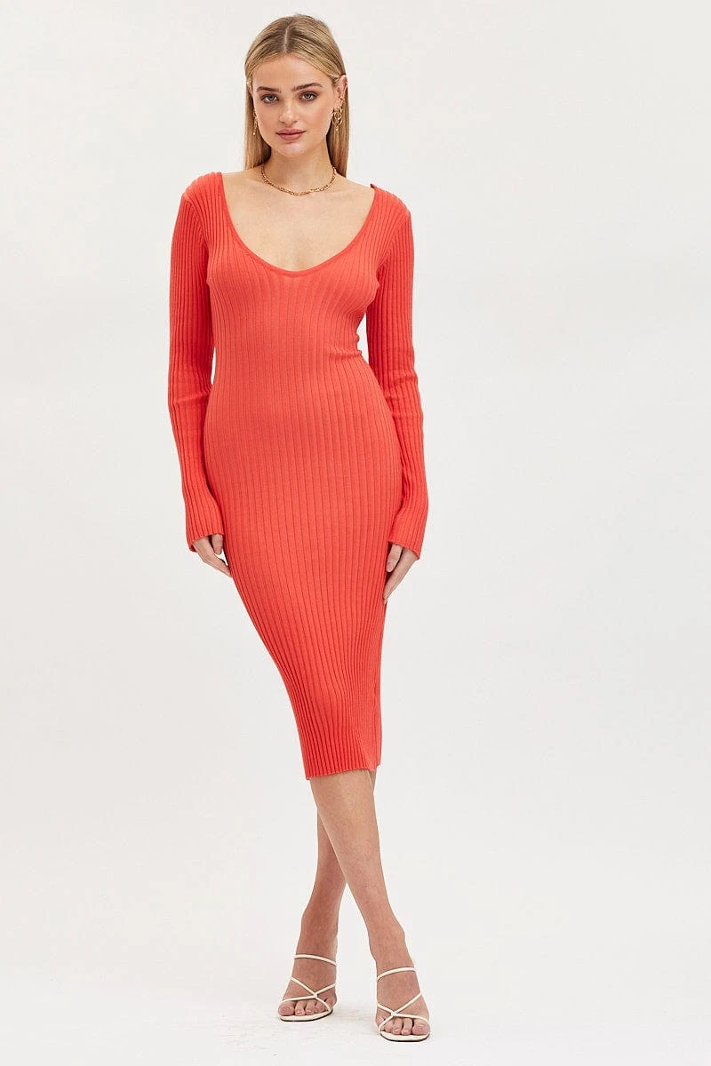 Orange Knit Dress Evening Midi 5 Orange Knit Dress Evening Midi - Image 3