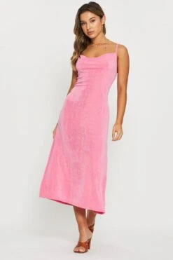 Pink Midi Dress Cowl Neck