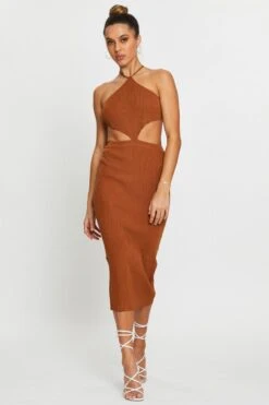 Brown Knit Dress Halter Neck -Midi Dresses Style f skater dress brown knit dress halter neck 32965837160641