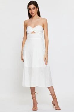 White Twist Front Bardot Midi Dress