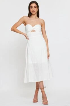 White Twist Front Bardot Midi Dress -Midi Dresses Style fb off shldr dress white twist front bardot midi dress 33007094399169