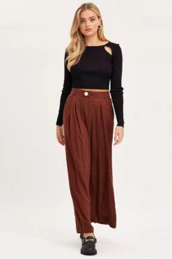Brown Wide Leg Pants High Rise