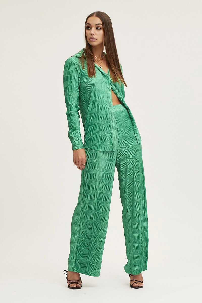Green Plisse Pants Wide Leg High Rise 3 Green Plisse Pants Wide Leg High Rise