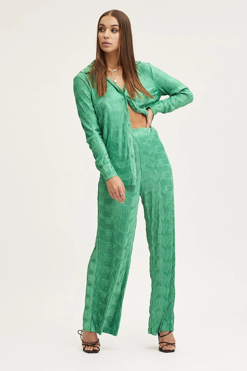Green Plisse Pants Wide Leg High Rise 5 Green Plisse Pants Wide Leg High Rise - Image 3