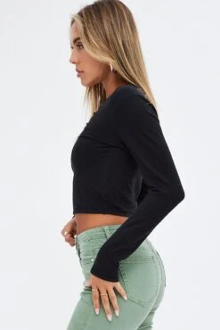 Black Crop Top Long Sleeve Crew Neck Keyhole Cotton -Midi Dresses Style jc0069l 84c black 4