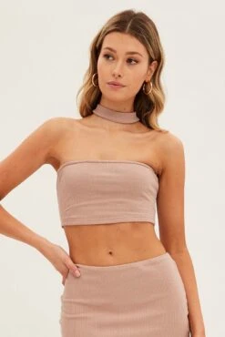 Brown Crop Top Sleeveless Halter Mock Neck Rib Jersey -Midi Dresses Style jc1123x 84wb mocha 3