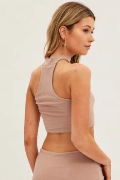 Brown Crop Top Sleeveless Halter Mock Neck Rib Jersey -Midi Dresses Style jc1123x 84wb mocha 5