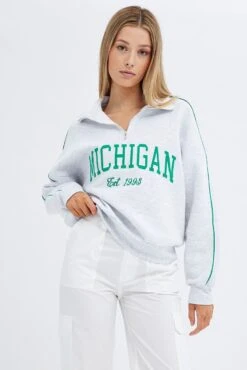 Grey Sweater Collar Half Zip Thru Long Sleeve Applique