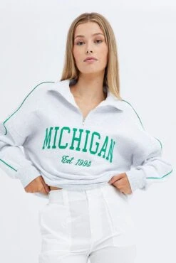 Grey Sweater Collar Half Zip Thru Long Sleeve Applique -Midi Dresses Style jc1330 84w grey marle 3