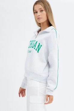 Grey Sweater Collar Half Zip Thru Long Sleeve Applique -Midi Dresses Style jc1330 84w grey marle 4