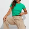 Green Crop Top Short Sleeve Crew Neck Rib Jersey 2 Green Crop Top Short Sleeve Crew Neck Rib Jersey -Midi Dresses Style jc14497 84wb green 1