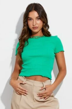 Green Crop Top Short Sleeve Crew Neck Rib Jersey -Midi Dresses Style jc14497 84wb green 3