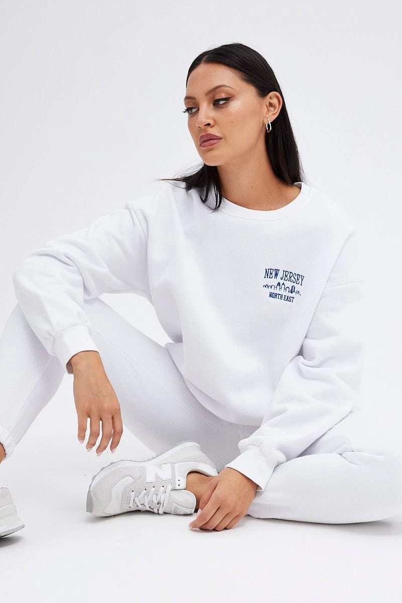 White Graphic Sweater Long Sleeve Slightly Stretch 3 White Graphic Sweater Long Sleeve Slightly Stretch