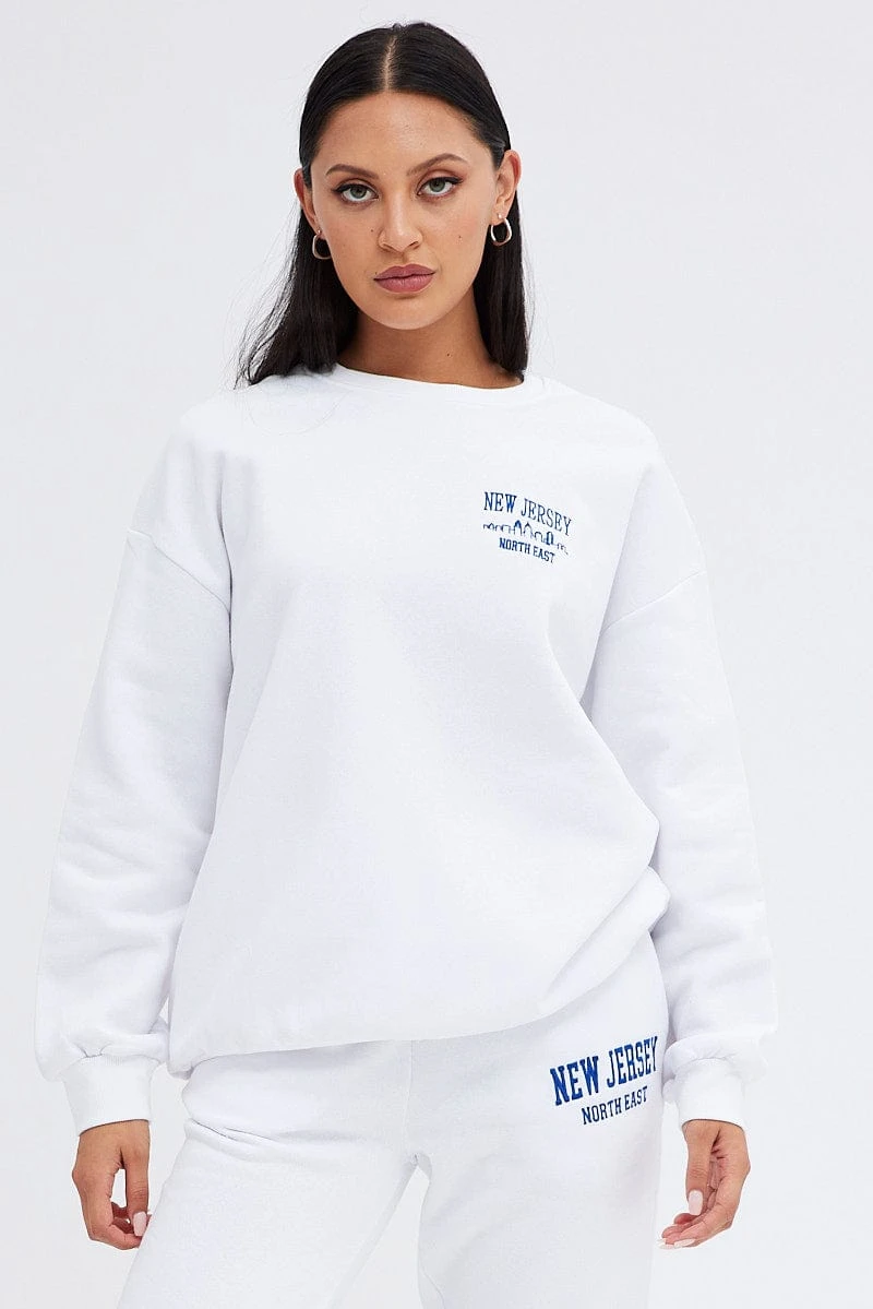 White Graphic Sweater Long Sleeve Slightly Stretch 5 White Graphic Sweater Long Sleeve Slightly Stretch - Image 3