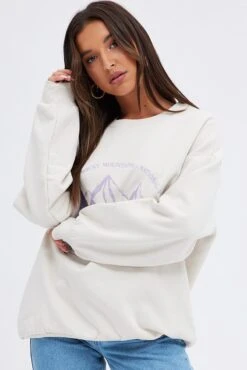 Beige Sweater Sky Mountain- Embroidery Long Sleeve