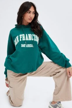 Green Sweater Round Neck San Francisco Embroidery