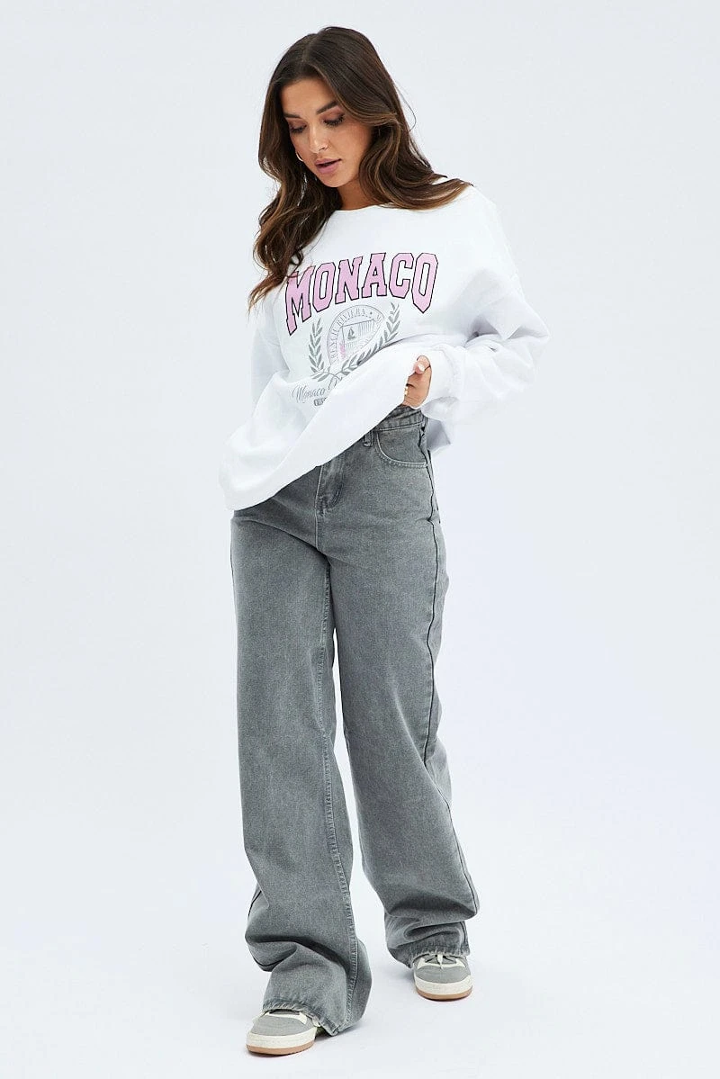 White Graphic Sweatshirt Long Sleeve Crew Neck 4 White Graphic Sweatshirt Long Sleeve Crew Neck - Image 2