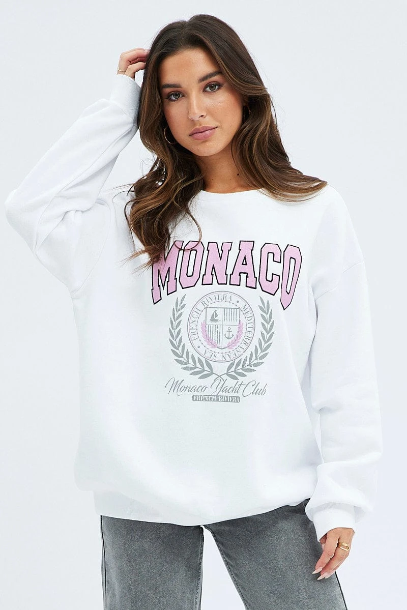 White Graphic Sweatshirt Long Sleeve Crew Neck 5 White Graphic Sweatshirt Long Sleeve Crew Neck - Image 3