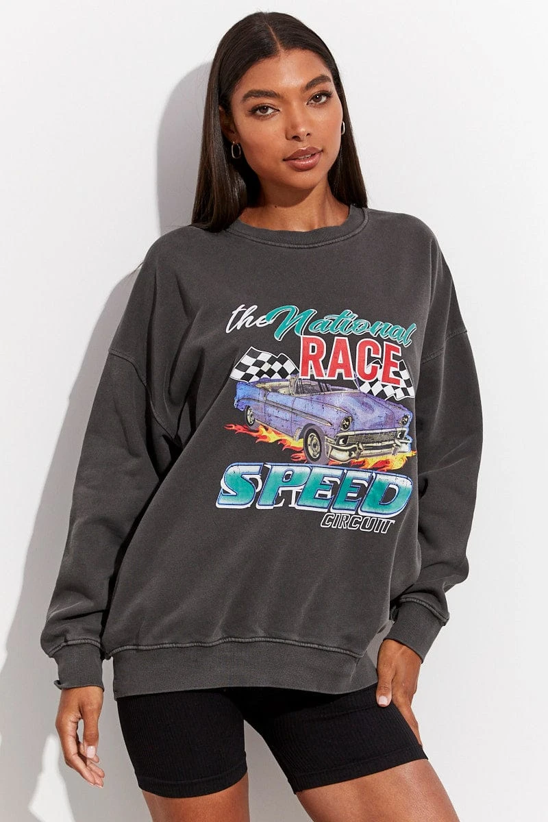 Grey Sweater Long Sleeve Round Neck Printed 3 Grey Sweater Long Sleeve Round Neck Printed