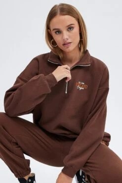 Brown Sweater Long Sleeves With Zip