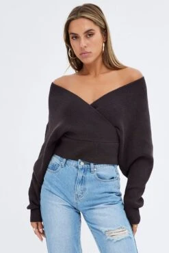 Brown Knit Top Long Sleeve Cross Over