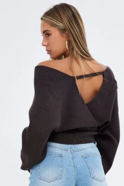 Brown Knit Top Long Sleeve Cross Over -Midi Dresses Style kn1371b 40p chocolate 5 84e82a93 4b08 4fbf 9ff7 8577f2530613