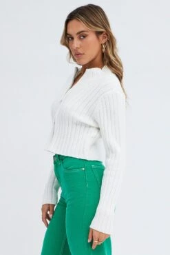 White Zip Up Cardigan -Midi Dresses Style kn2031 41j white 4