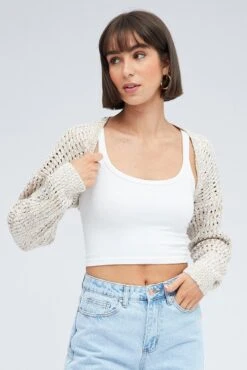 Beige Knit Shrug Long Sleeve -Midi Dresses Style kn2229 41j beige 3